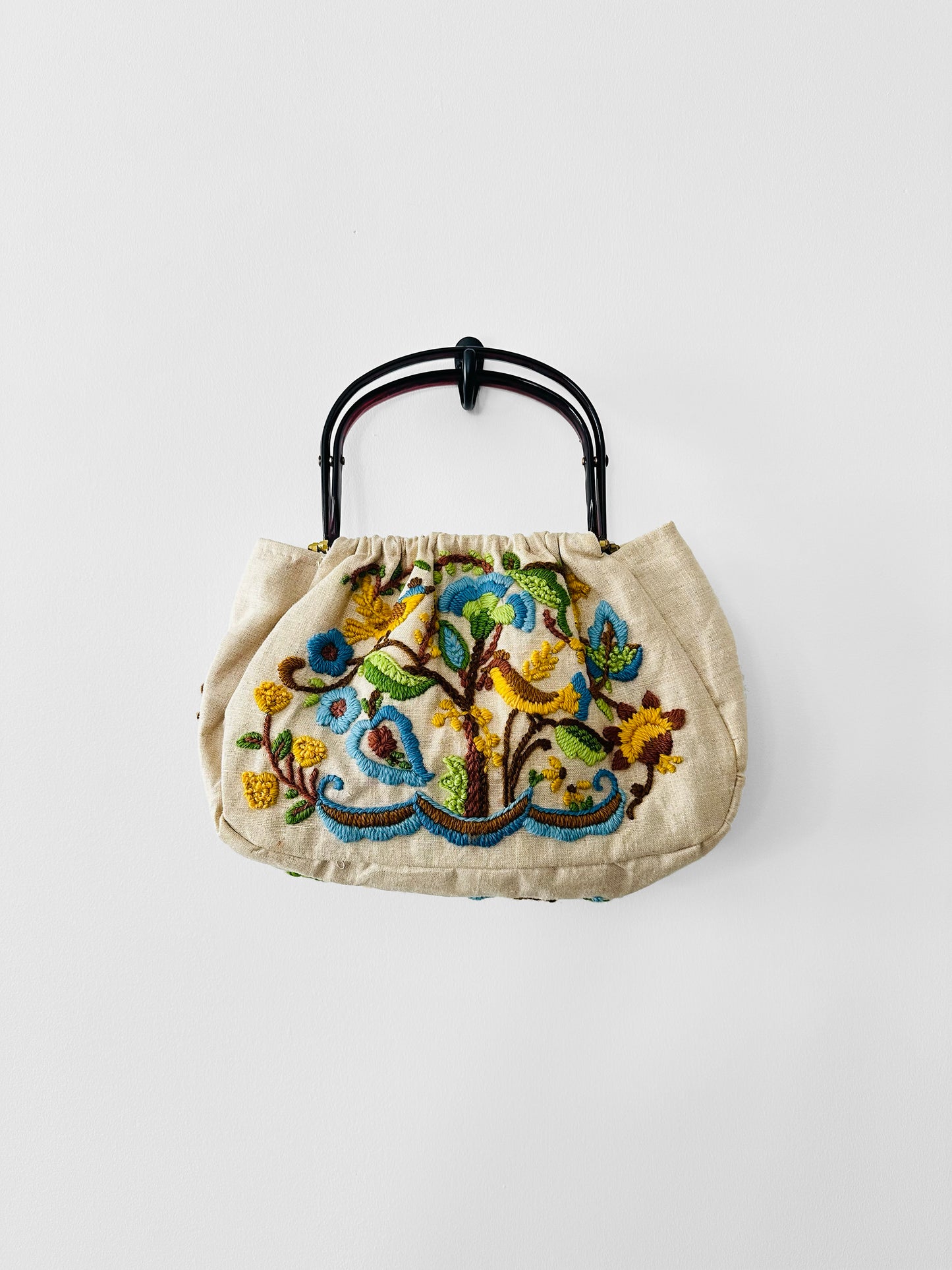 Vintage 1950s - 1960s Floral Motif Linen Crewel Embroidered Top Handle Handbag