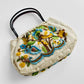 Vintage 1950s - 1960s Floral Motif Linen Crewel Embroidered Top Handle Handbag