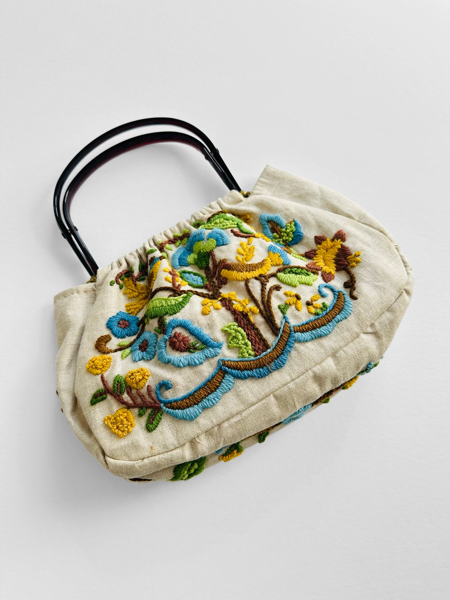 Vintage 1950s - 1960s Floral Motif Linen Crewel Embroidered Top Handle Handbag