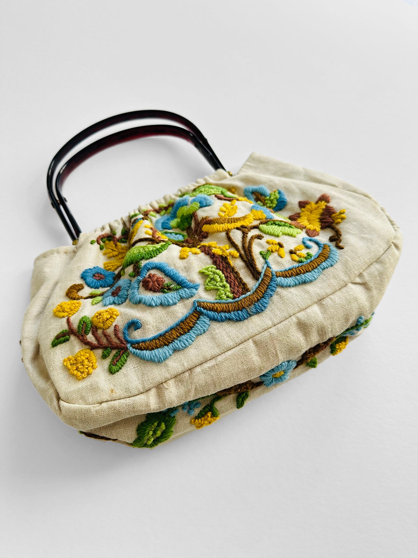 Vintage 1950s - 1960s Floral Motif Linen Crewel Embroidered Top Handle Handbag