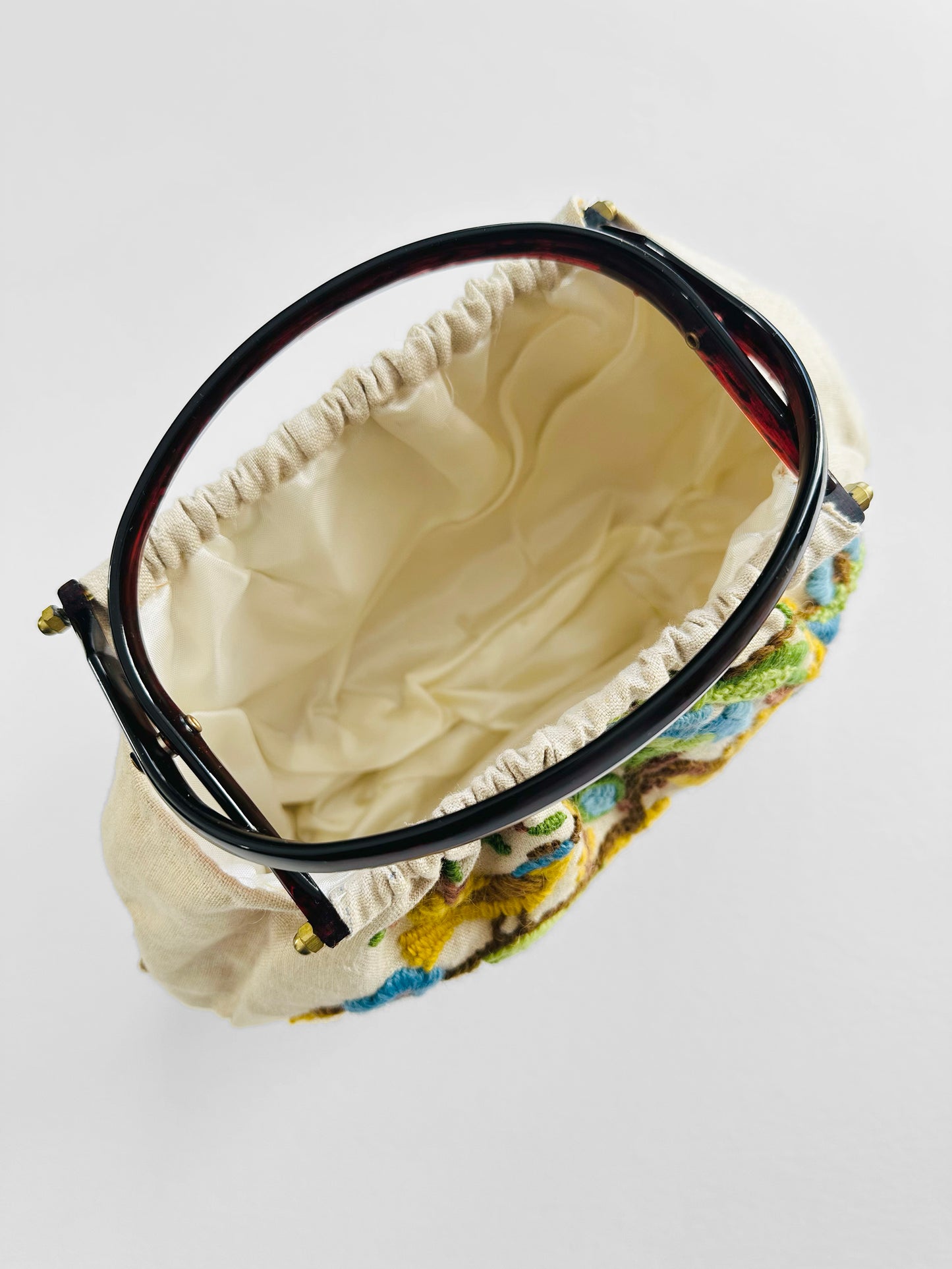 Vintage 1950s - 1960s Floral Motif Linen Crewel Embroidered Top Handle Handbag