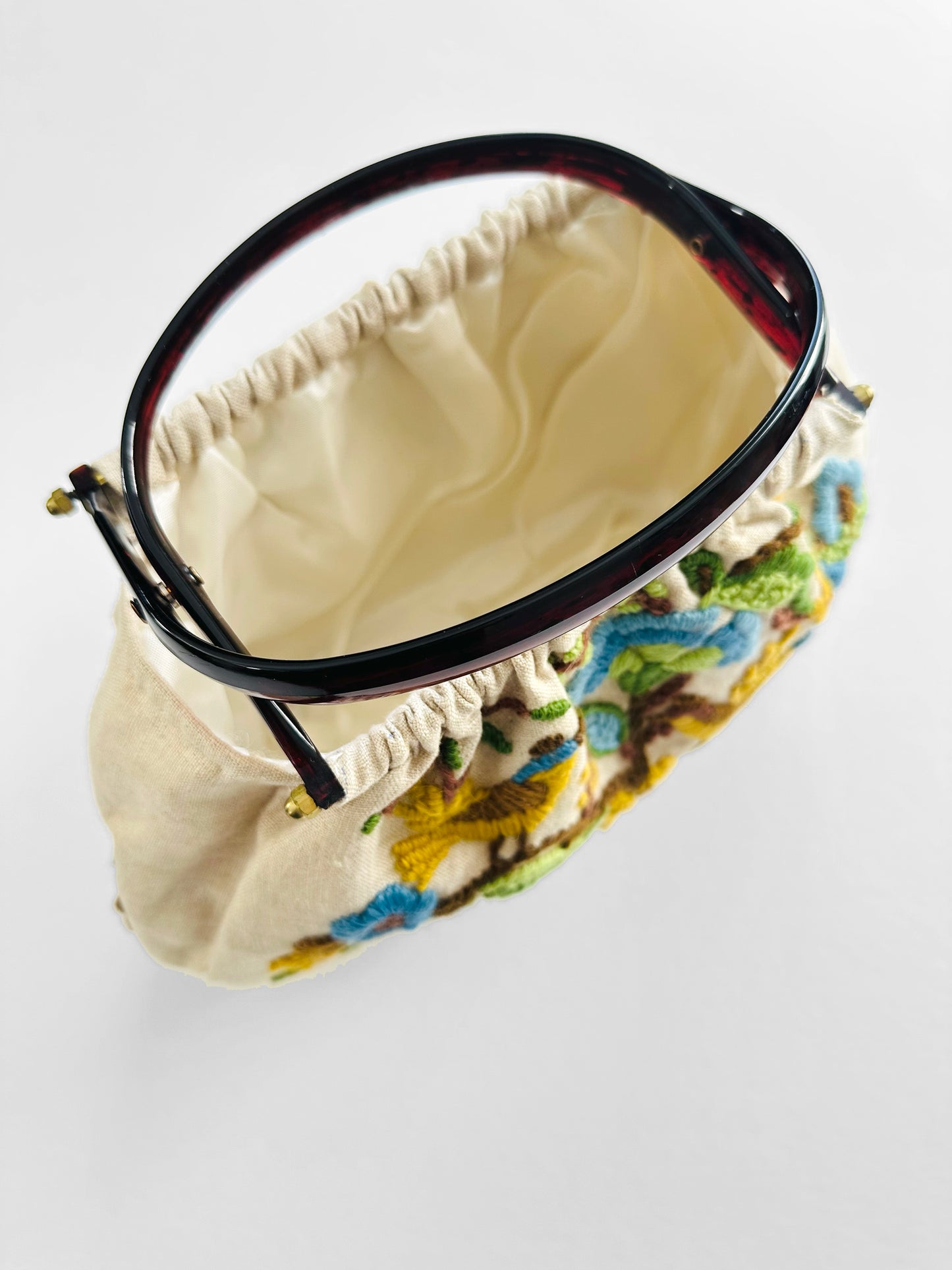Vintage 1950s - 1960s Floral Motif Linen Crewel Embroidered Top Handle Handbag