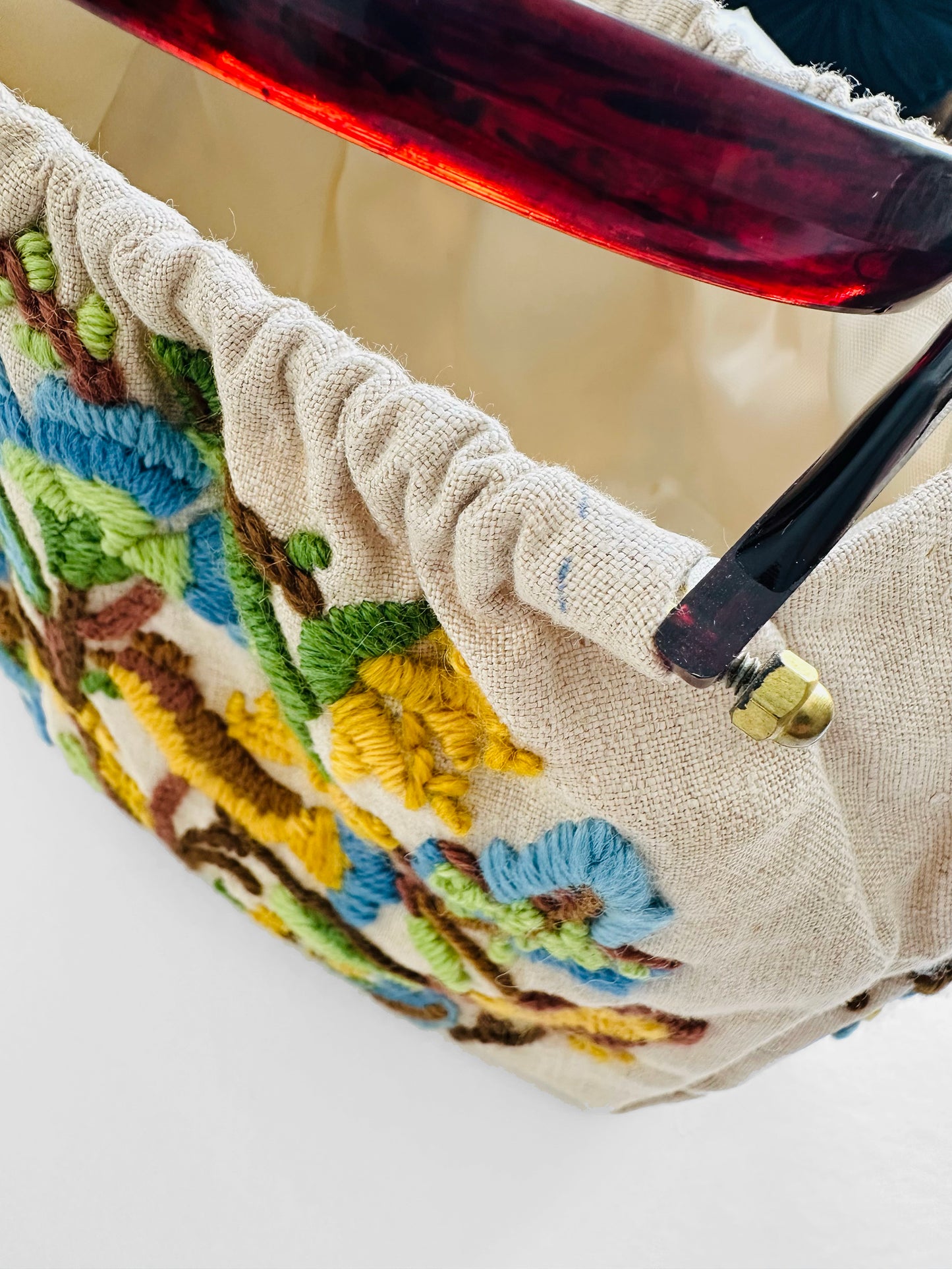 Vintage 1950s - 1960s Floral Motif Linen Crewel Embroidered Top Handle Handbag