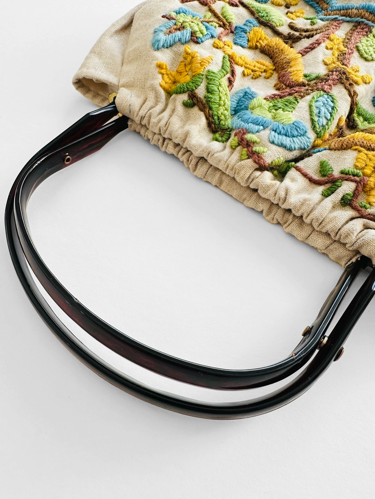 Vintage 1950s - 1960s Floral Motif Linen Crewel Embroidered Top Handle Handbag