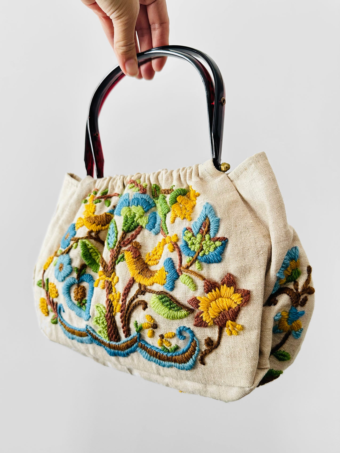 Vintage 1950s - 1960s Floral Motif Linen Crewel Embroidered Top Handle Handbag