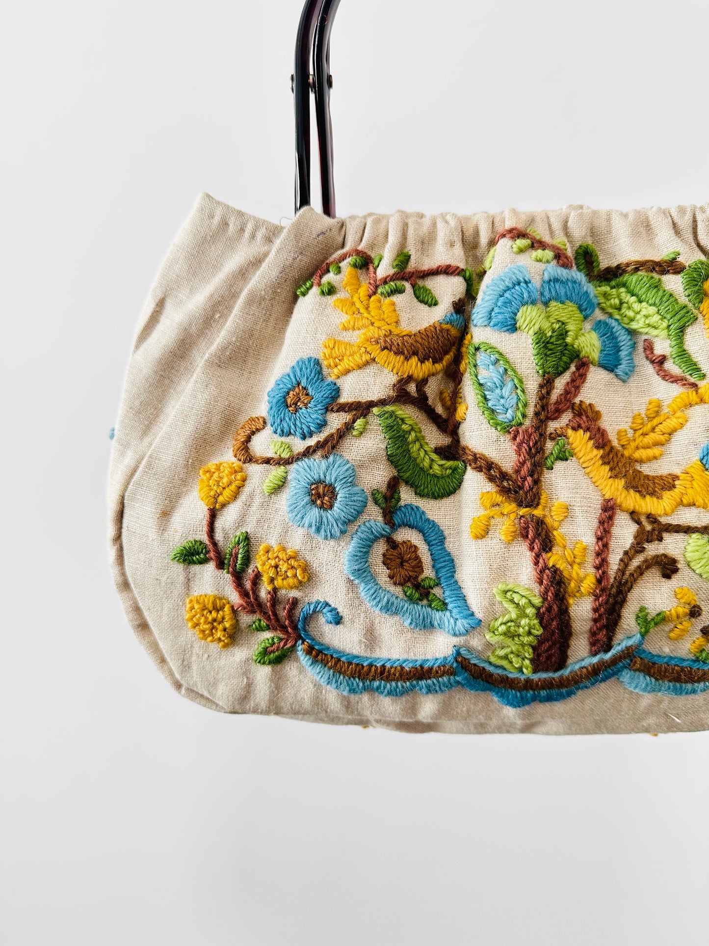 Vintage 1950s - 1960s Floral Motif Linen Crewel Embroidered Top Handle Handbag