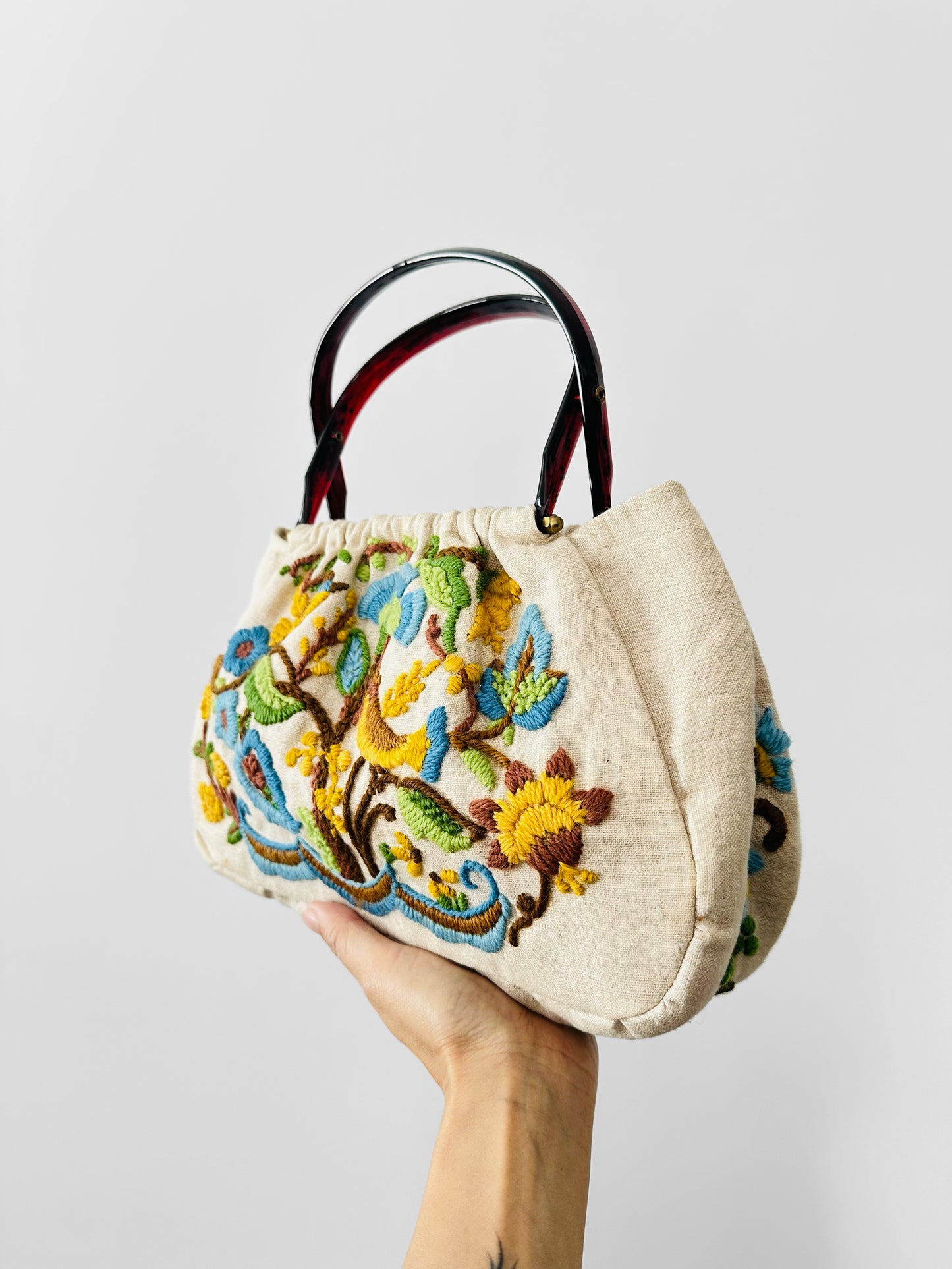 Vintage 1950s - 1960s Floral Motif Linen Crewel Embroidered Top Handle Handbag