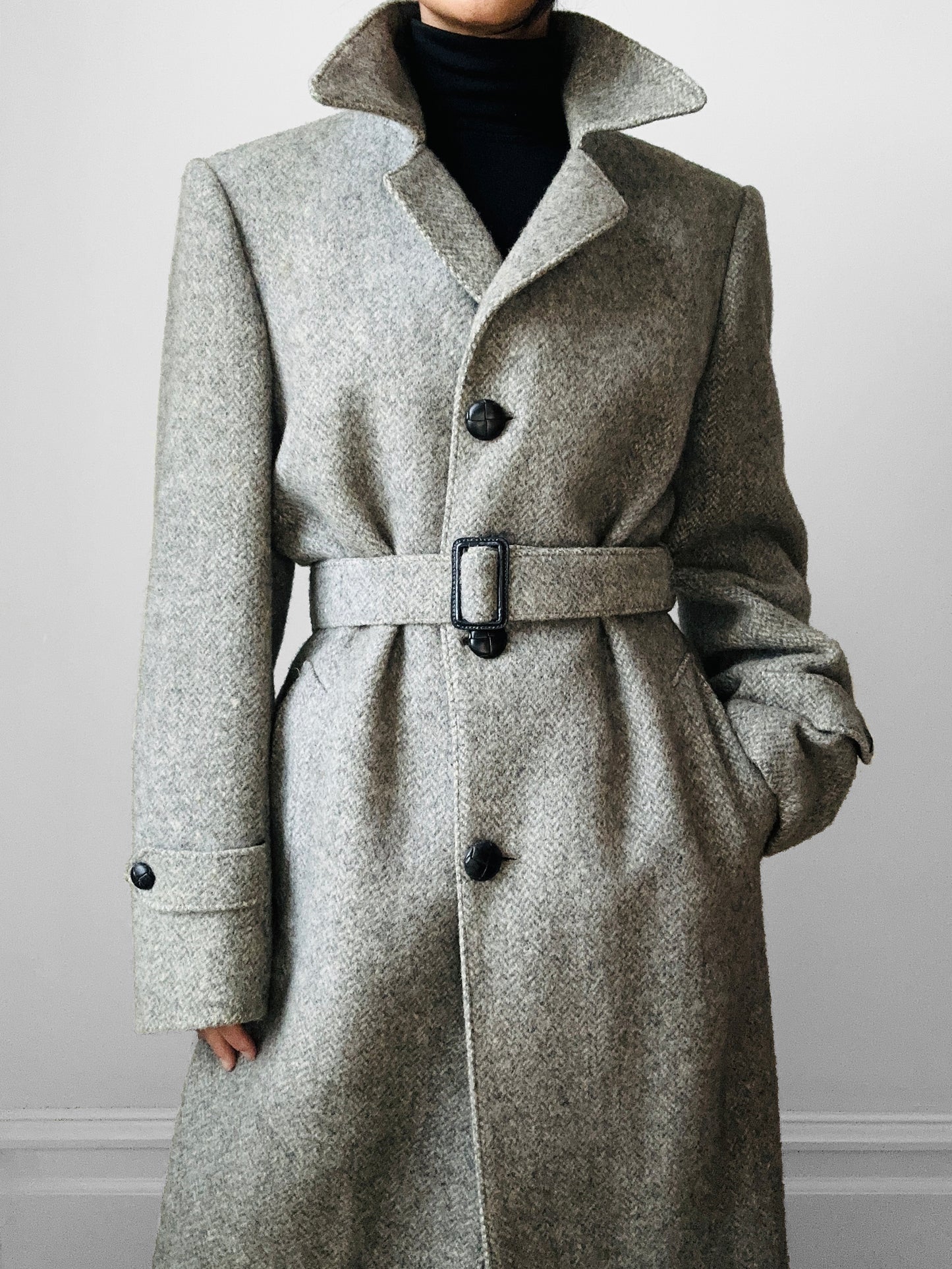 1970s Grey Wool Tweed Belted Overcoat - Sz. S/M