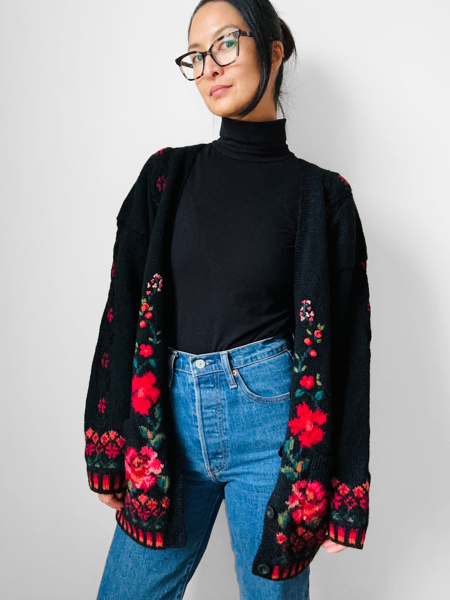 Black Wool Floral Embroidered Long Knit Cardigan Sweater - S/M