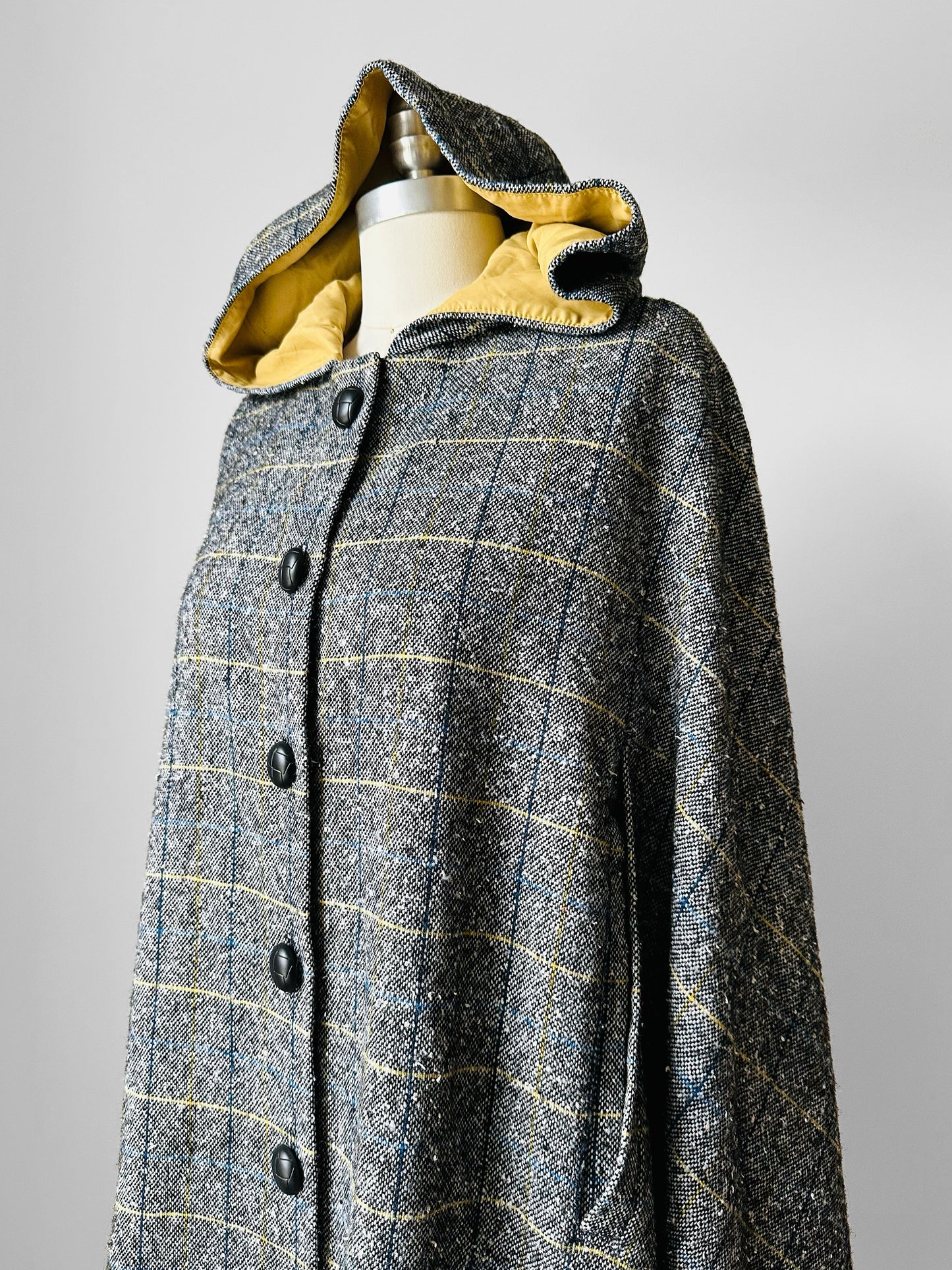 1960s Grey Plaid Hooded Cape Coat - Sz. O/S