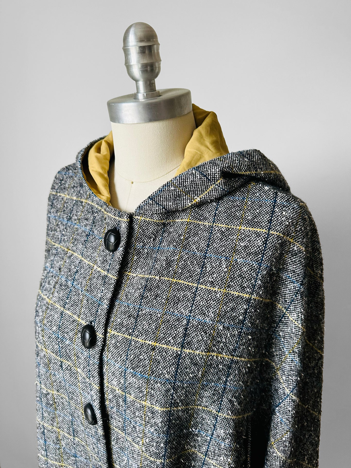 1960s Grey Plaid Hooded Cape Coat - Sz. O/S