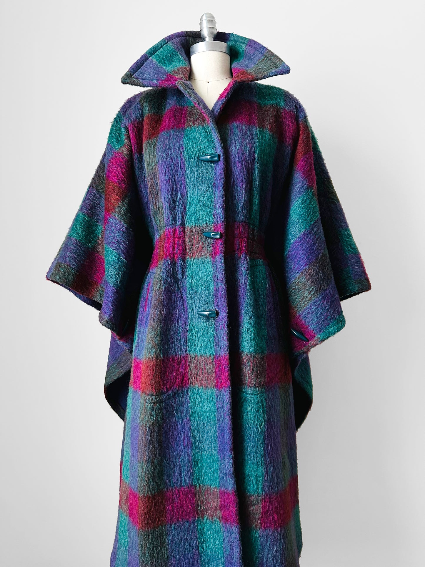 1960s Multi-Coloured Large Checkerboard Gingham Wool Cape Coat