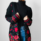 Black Wool Floral Embroidered Long Knit Cardigan Sweater - S/M