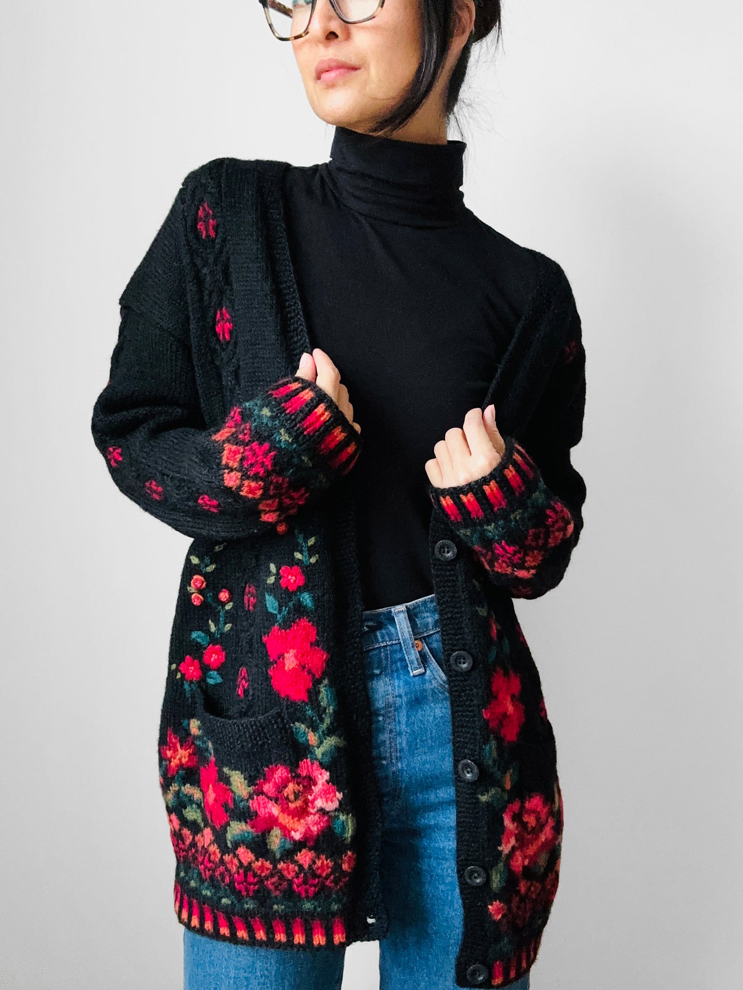 Black Wool Floral Embroidered Long Knit Cardigan Sweater - S/M