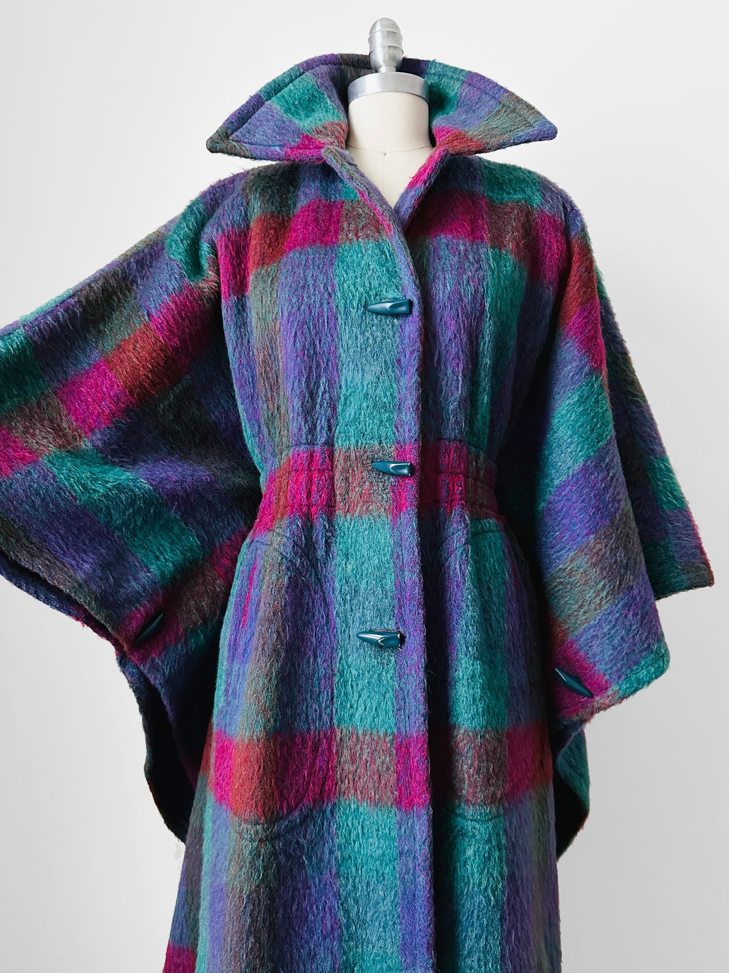 1960s Multi-Coloured Large Checkerboard Gingham Wool Cape Coat