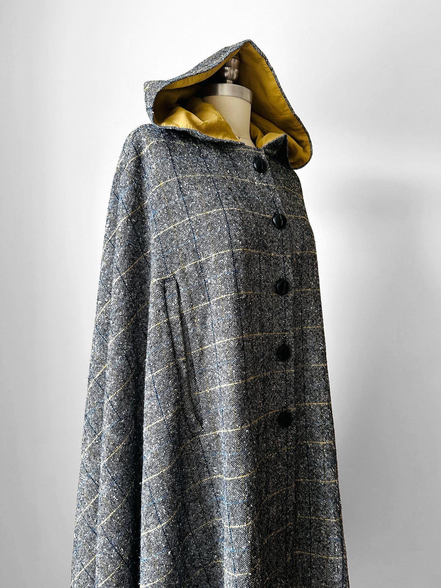 1960s Grey Plaid Hooded Cape Coat - Sz. O/S