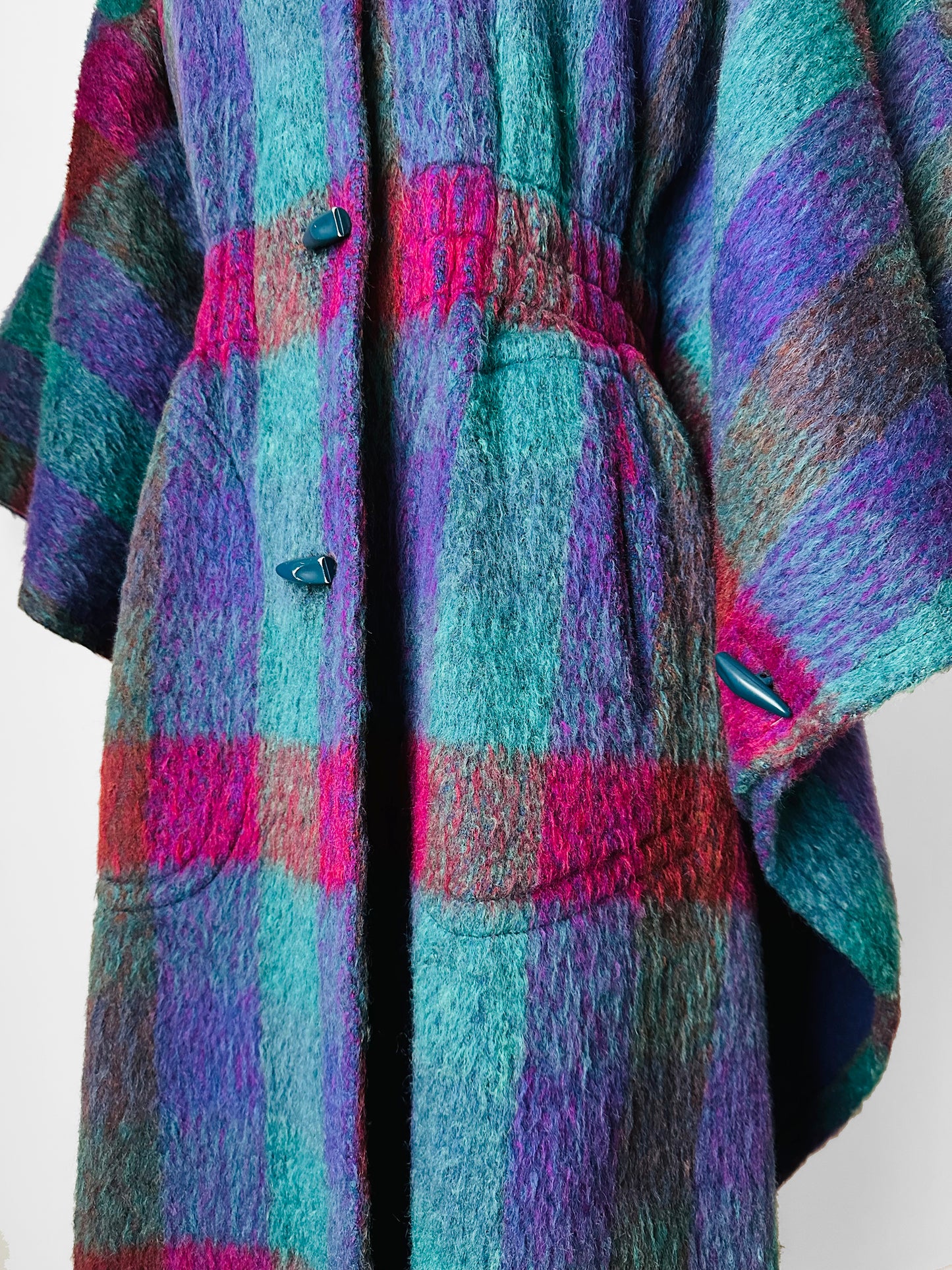 1960s Multi-Coloured Large Checkerboard Gingham Wool Cape Coat