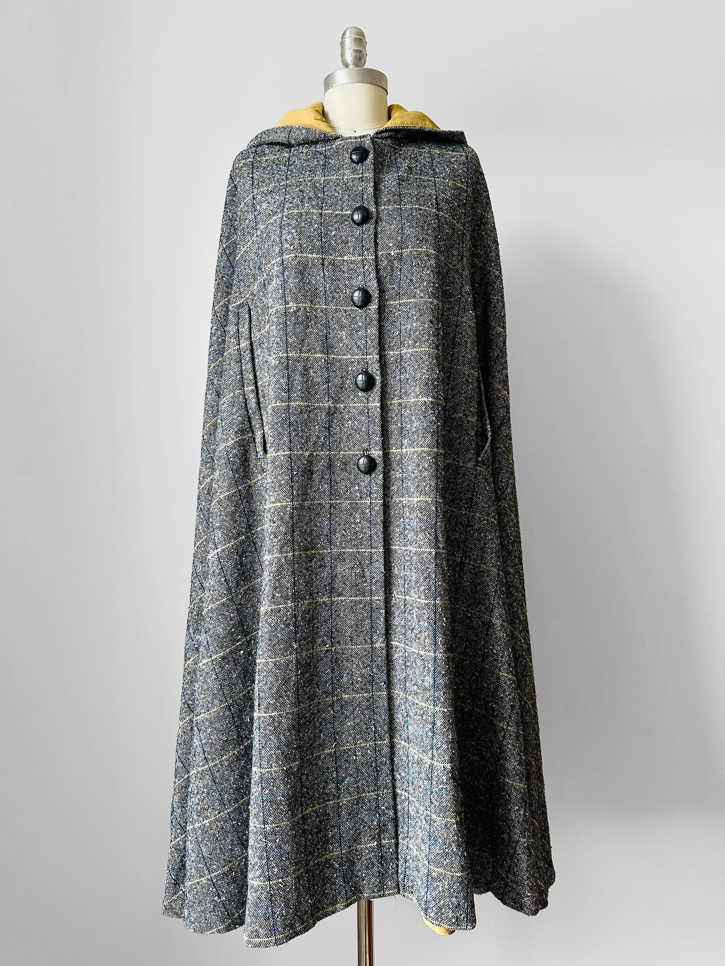 1960s Grey Plaid Hooded Cape Coat - Sz. O/S