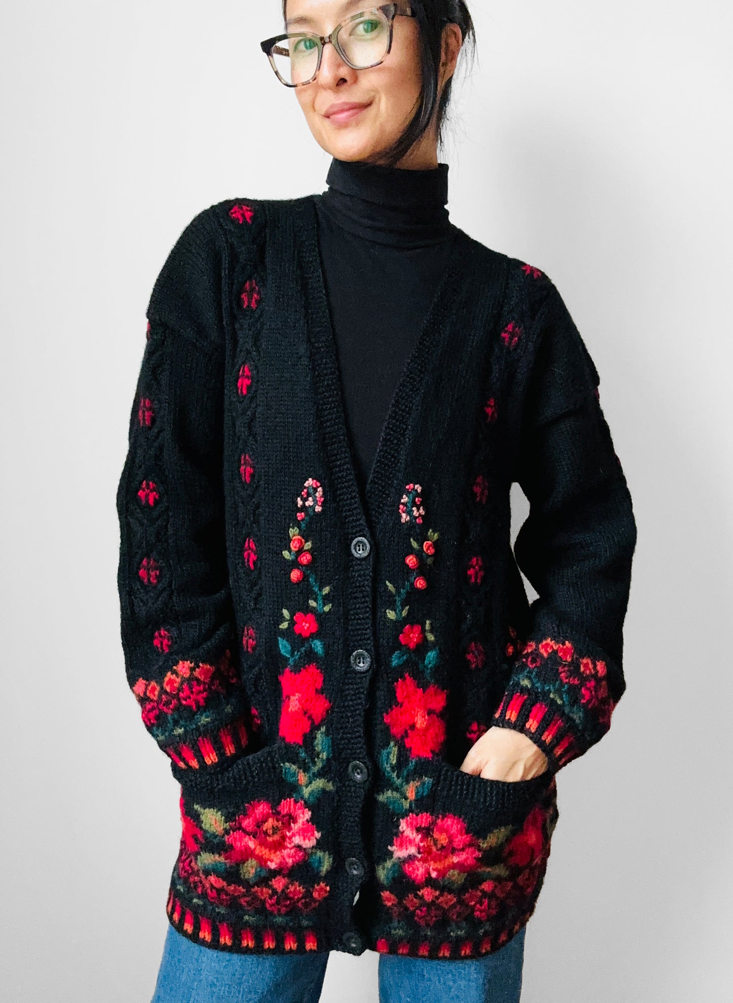 Black Wool Floral Embroidered Long Knit Cardigan Sweater - S/M