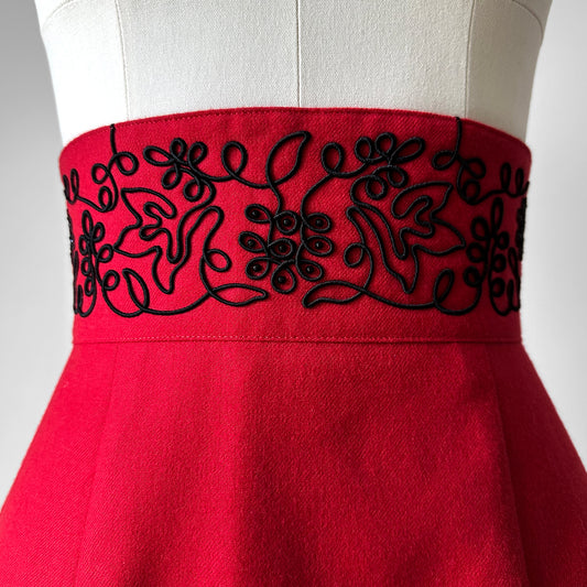 1980s High-Waist Floral Corded Embroidered Red Wool Skirt - Sz. S/M