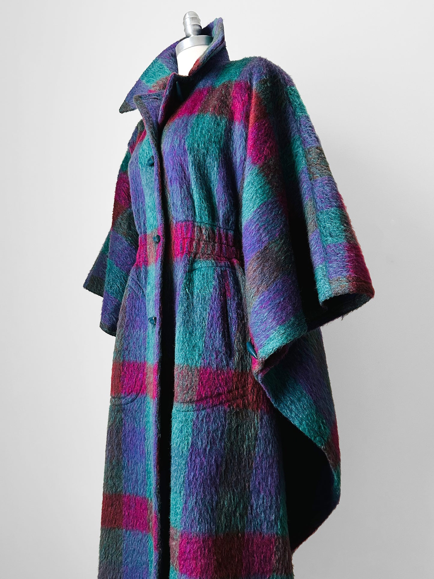 1960s Multi-Coloured Large Checkerboard Gingham Wool Cape Coat