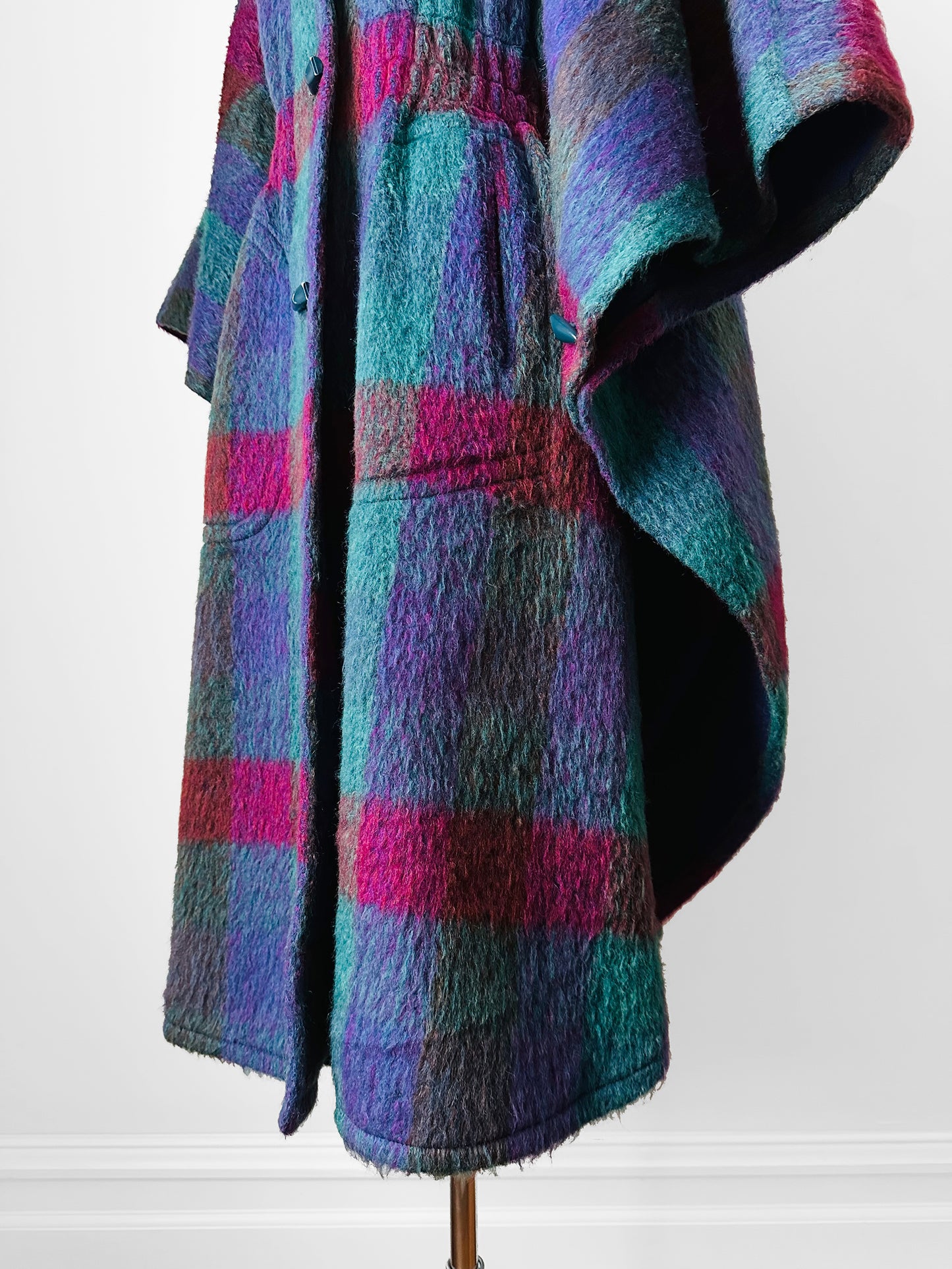 1960s Multi-Coloured Large Checkerboard Gingham Wool Cape Coat