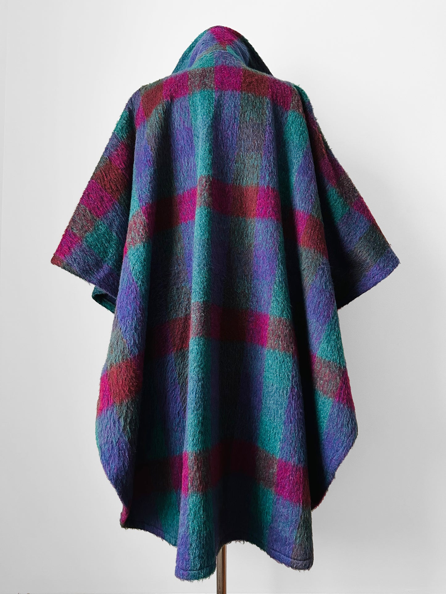 1960s Multi-Coloured Large Checkerboard Gingham Wool Cape Coat