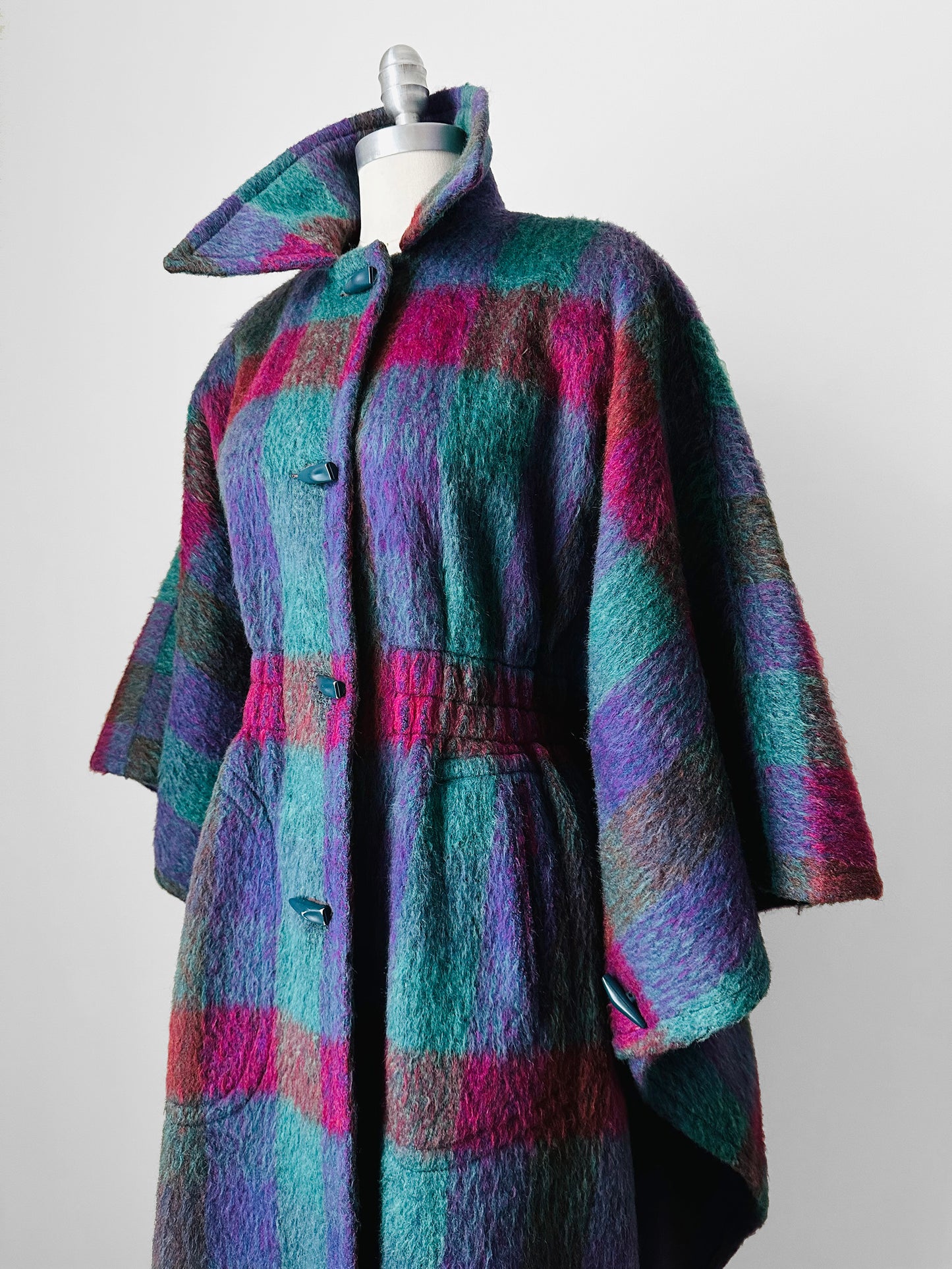 1960s Multi-Coloured Large Checkerboard Gingham Wool Cape Coat