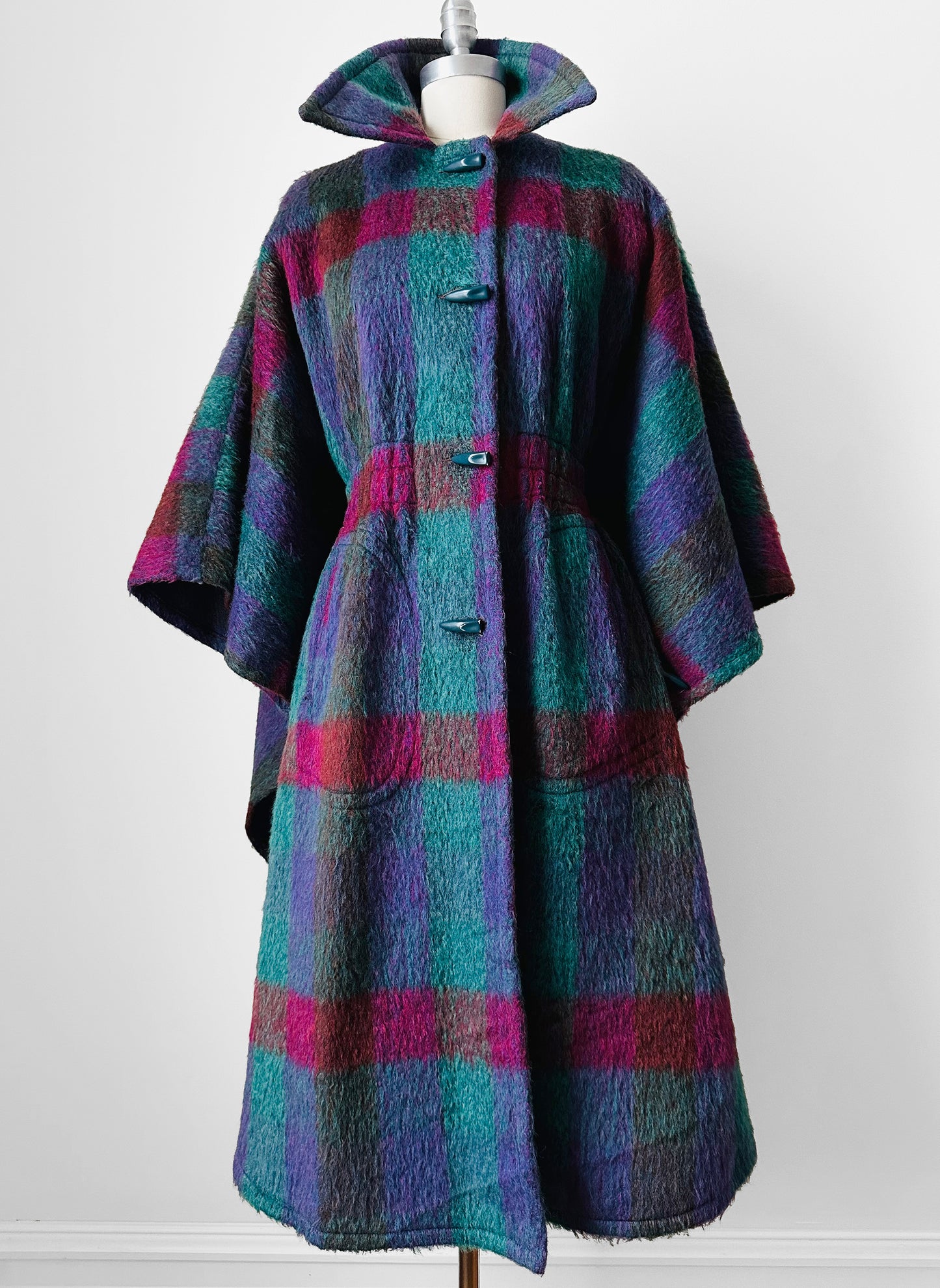 1960s Multi-Coloured Large Checkerboard Gingham Wool Cape Coat