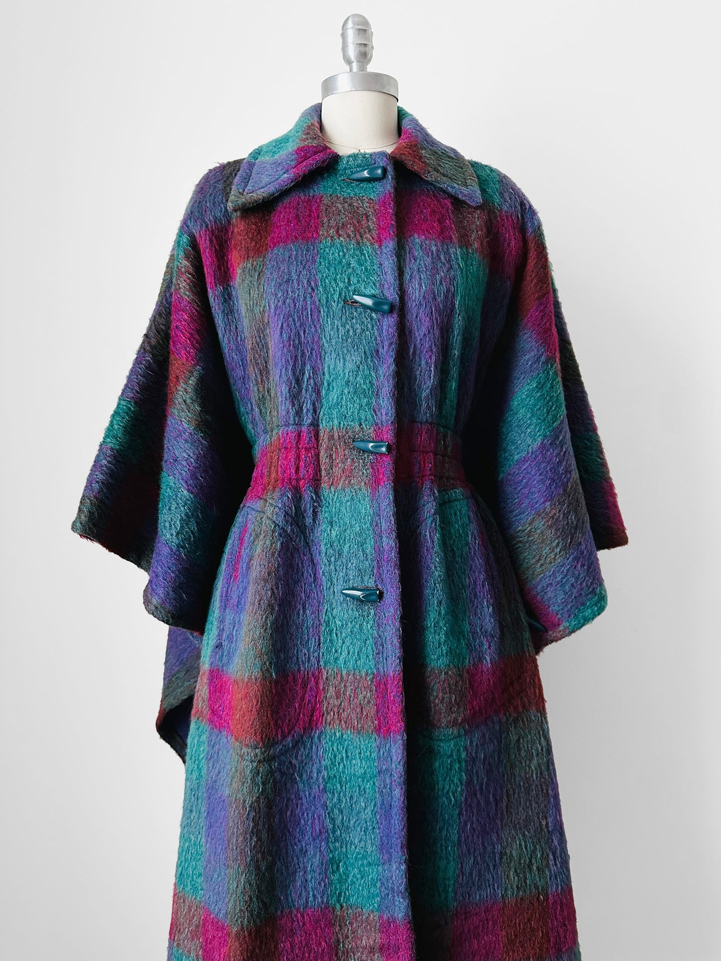 1960s Multi-Coloured Large Checkerboard Gingham Wool Cape Coat