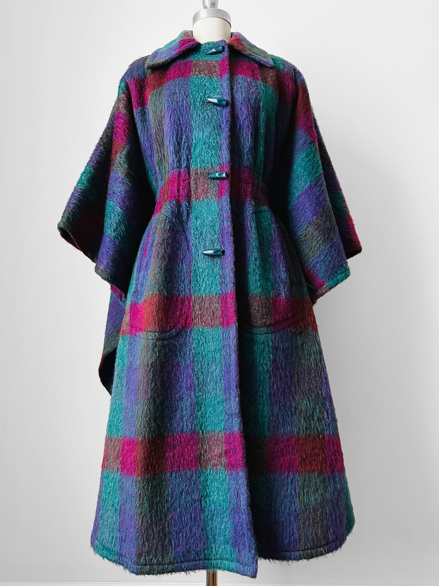 1960s Multi-Coloured Large Checkerboard Gingham Wool Cape Coat