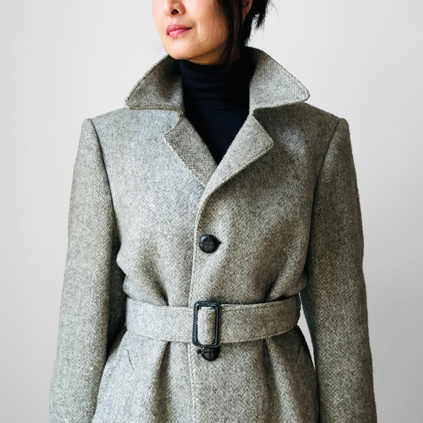 1970s Grey Wool Tweed Belted Overcoat - Sz. S/M