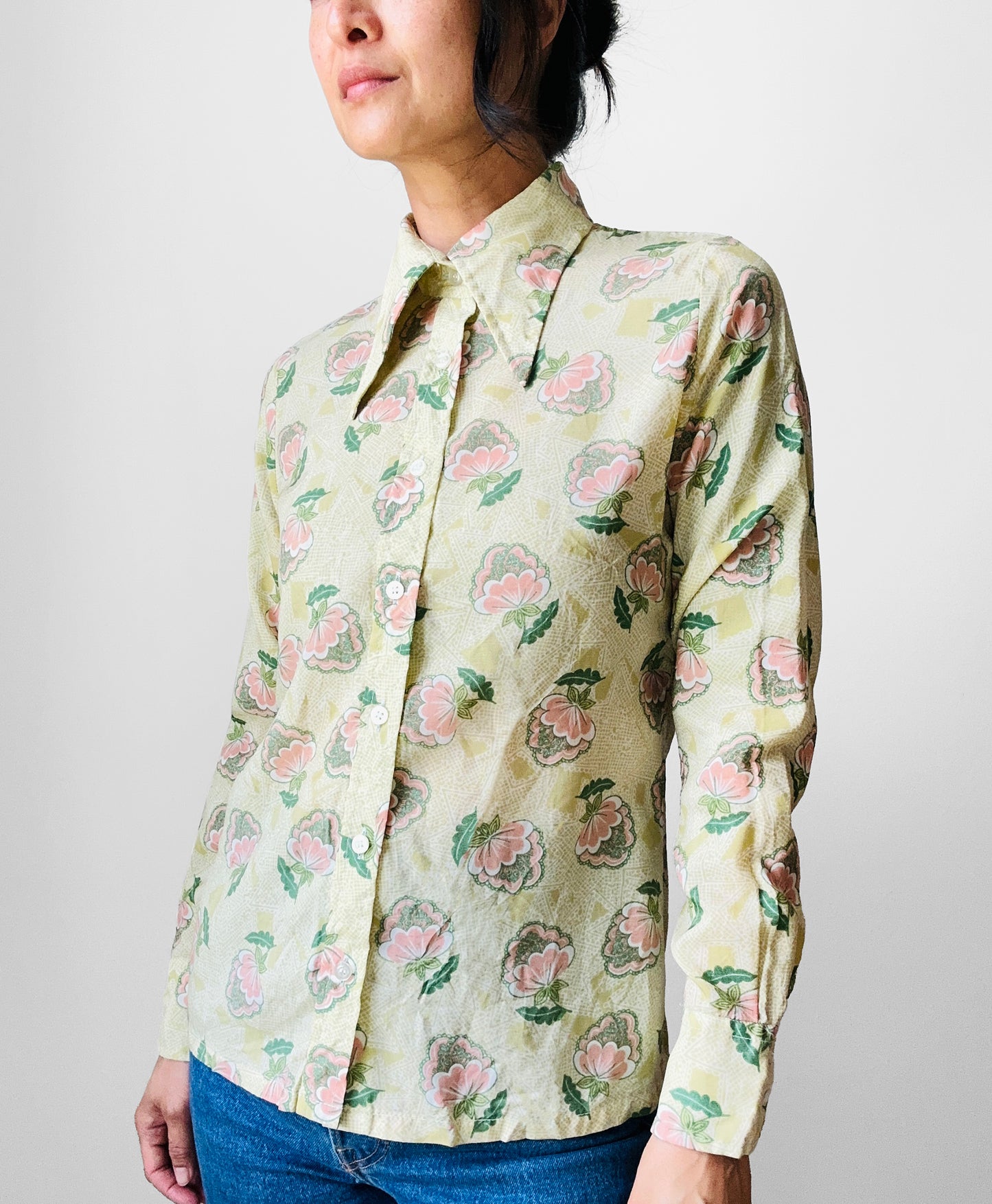 1970s Wide Lapel Floral Button Front Shirt  - Sz. XS/S