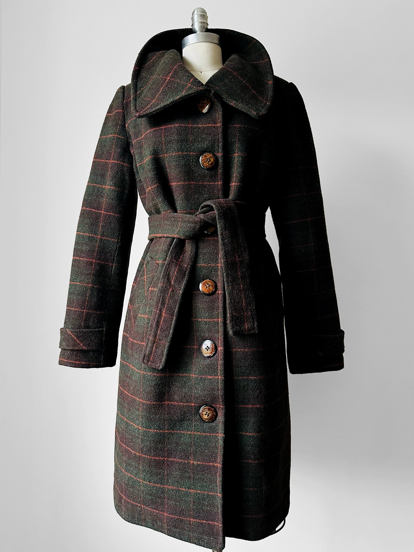 1960s Green and Burnt Orange Plaid Wool Belted Coat - Sz. Small