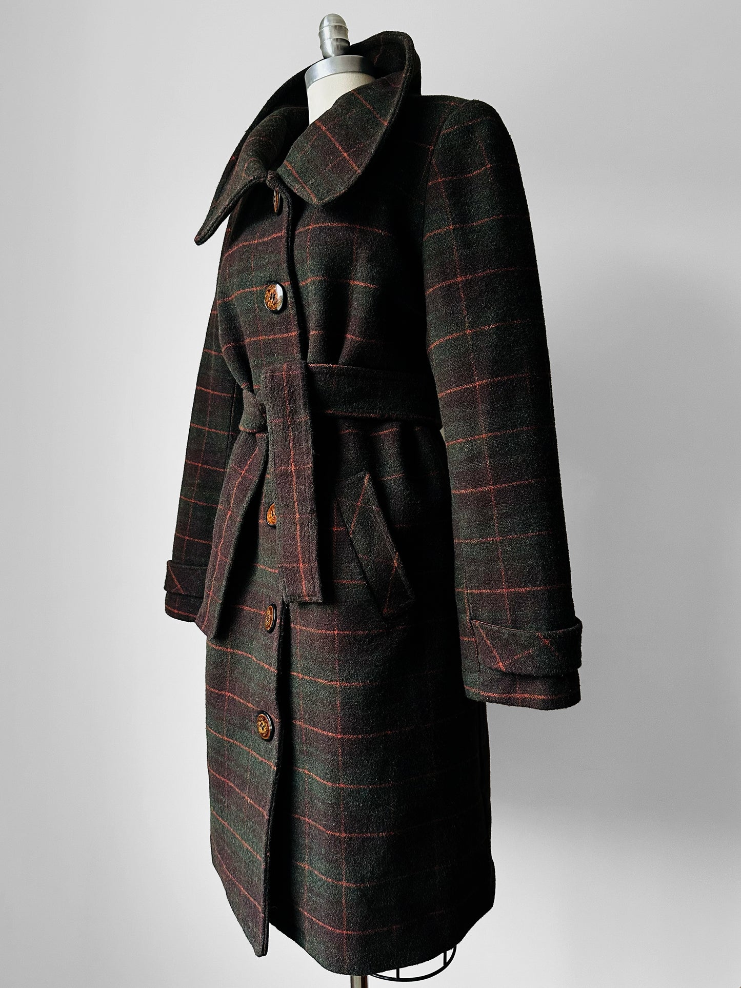 1960s Green and Burnt Orange Plaid Wool Belted Coat - Sz. Small