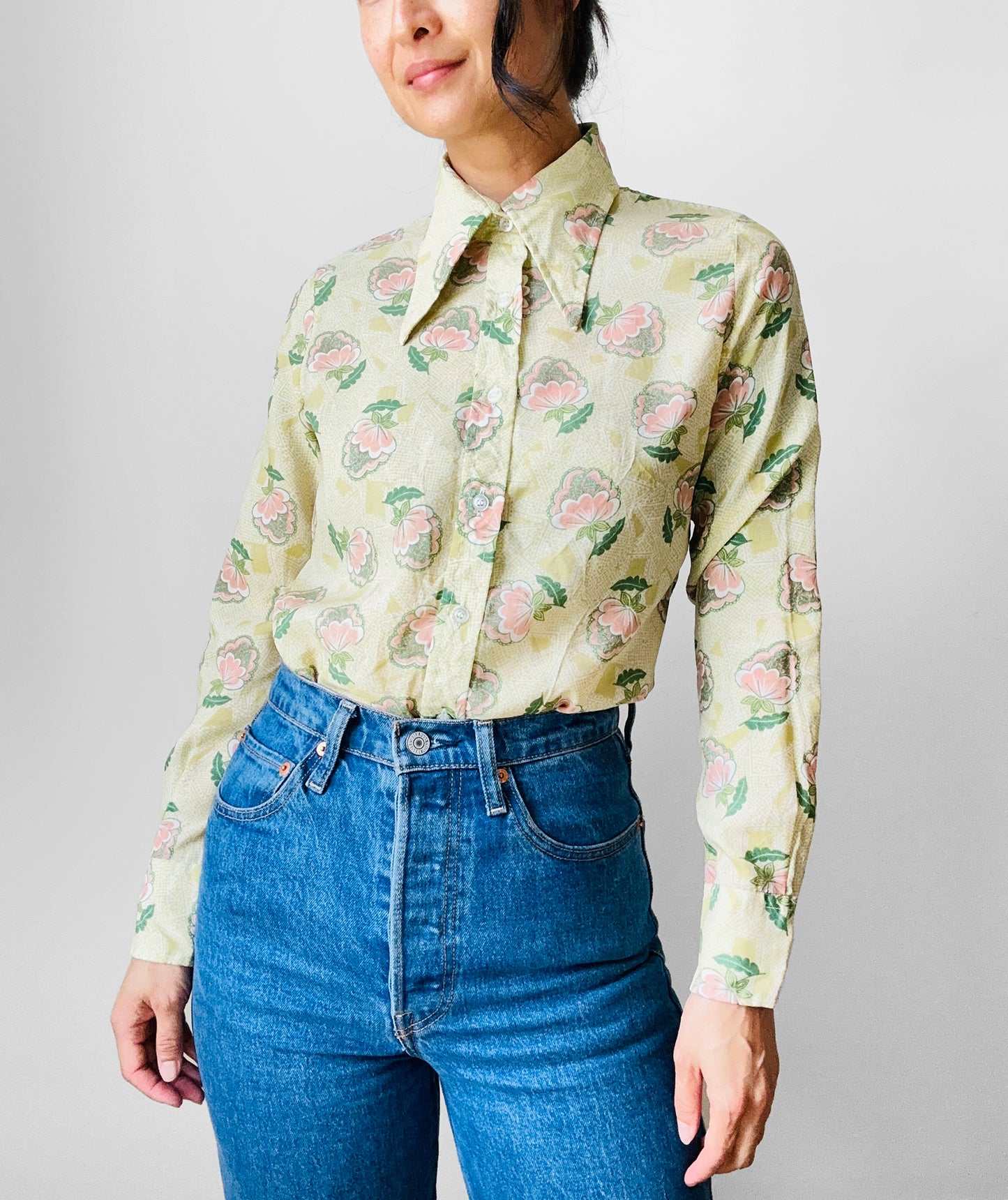 1970s Wide Lapel Floral Button Front Shirt  - Sz. XS/S