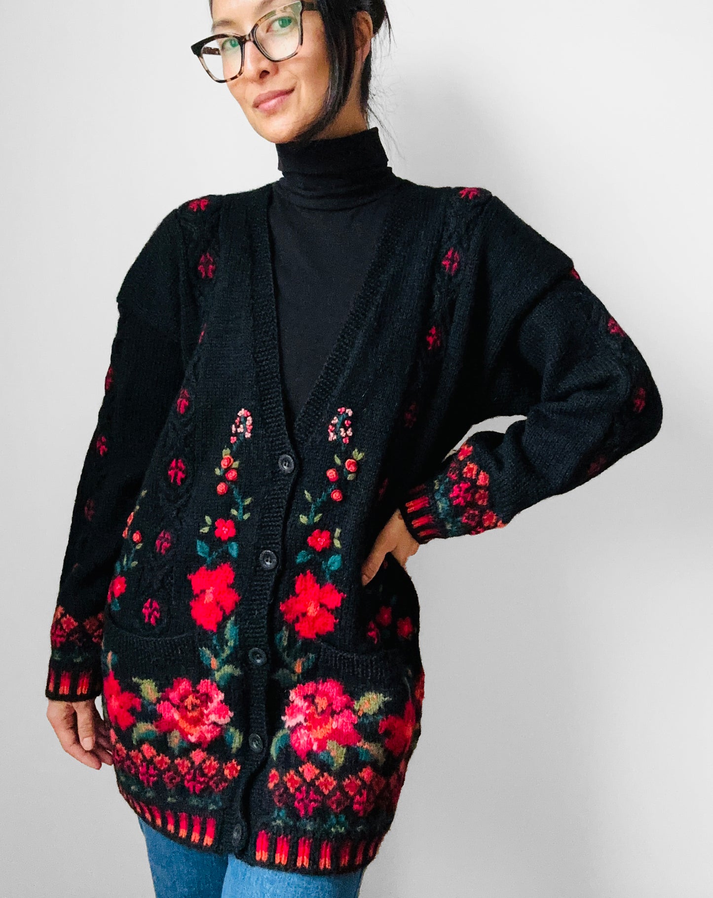 Black Wool Floral Embroidered Long Knit Cardigan Sweater - S/M