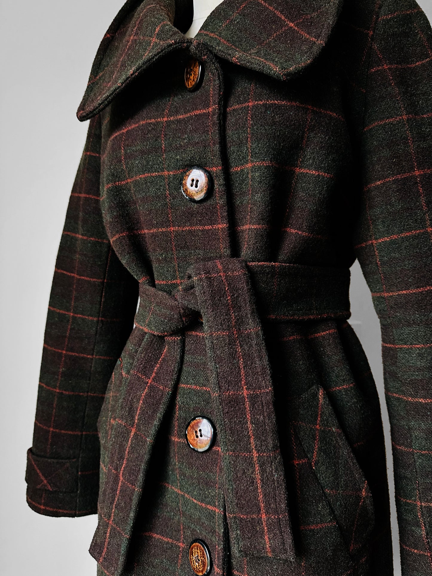 1960s Green and Burnt Orange Plaid Wool Belted Coat - Sz. Small