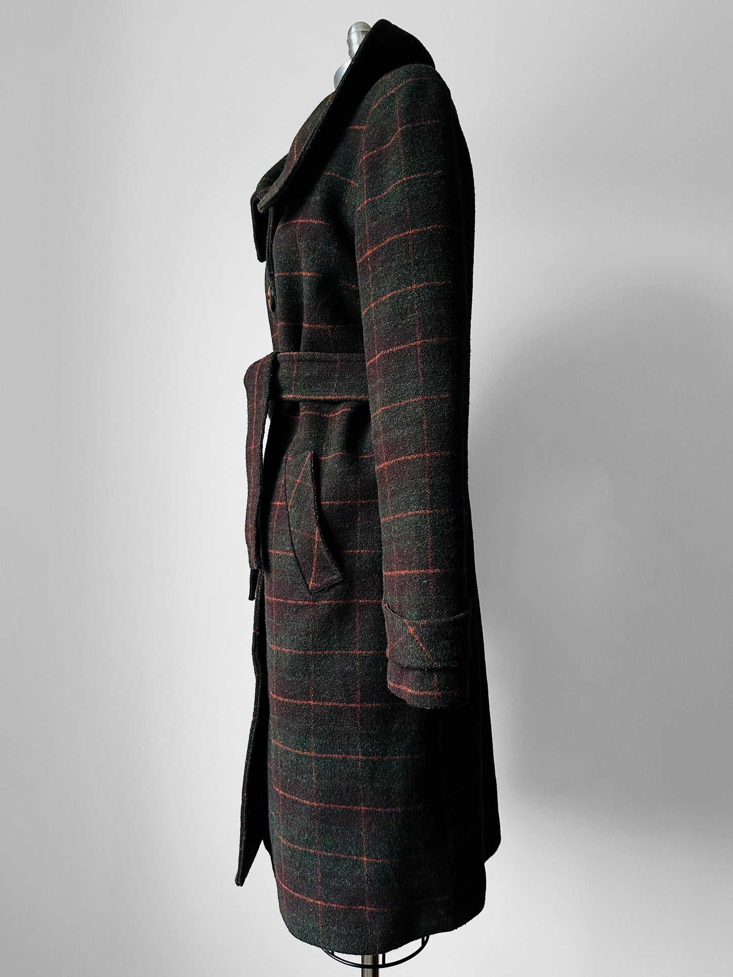 1960s Green and Burnt Orange Plaid Wool Belted Coat - Sz. Small