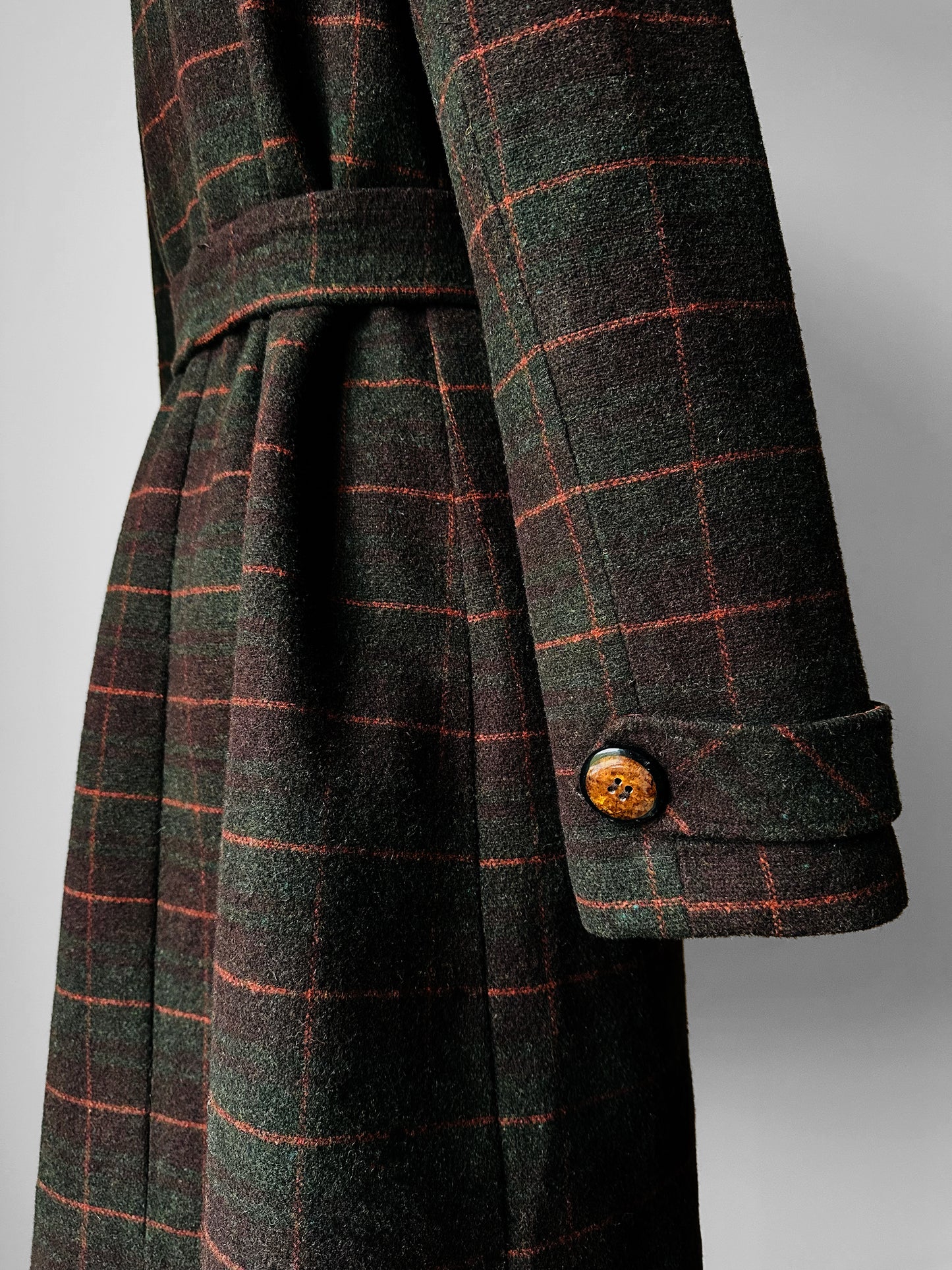 1960s Green and Burnt Orange Plaid Wool Belted Coat - Sz. Small