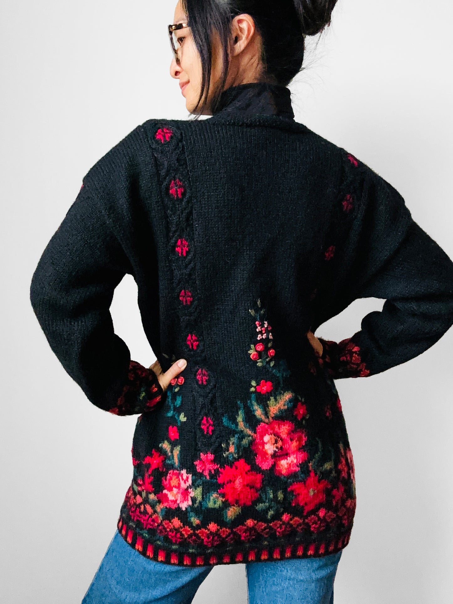 Black Wool Floral Embroidered Long Knit Cardigan Sweater - S/M