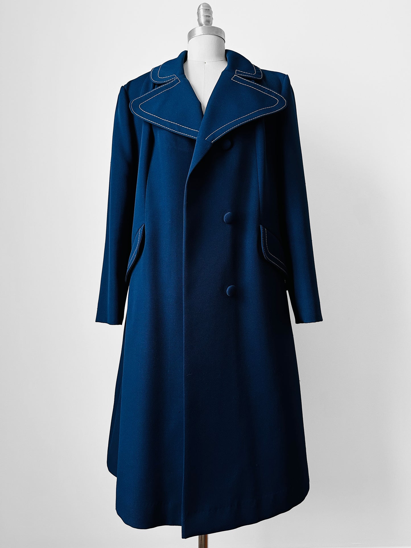 1960s - 1970s Blue Contrast Stitched Wide Lapel Midi-Length Coat