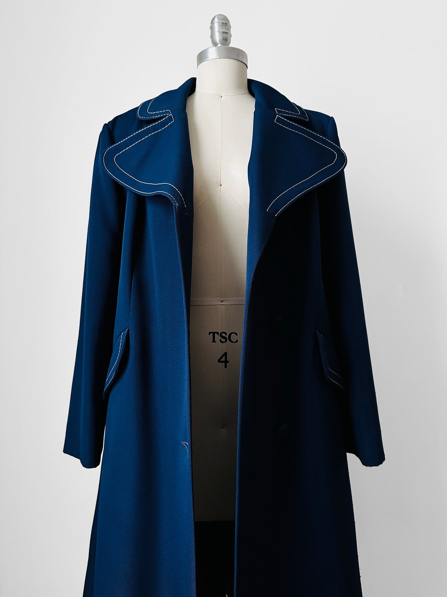 1960s - 1970s Blue Contrast Stitched Wide Lapel Midi-Length Coat