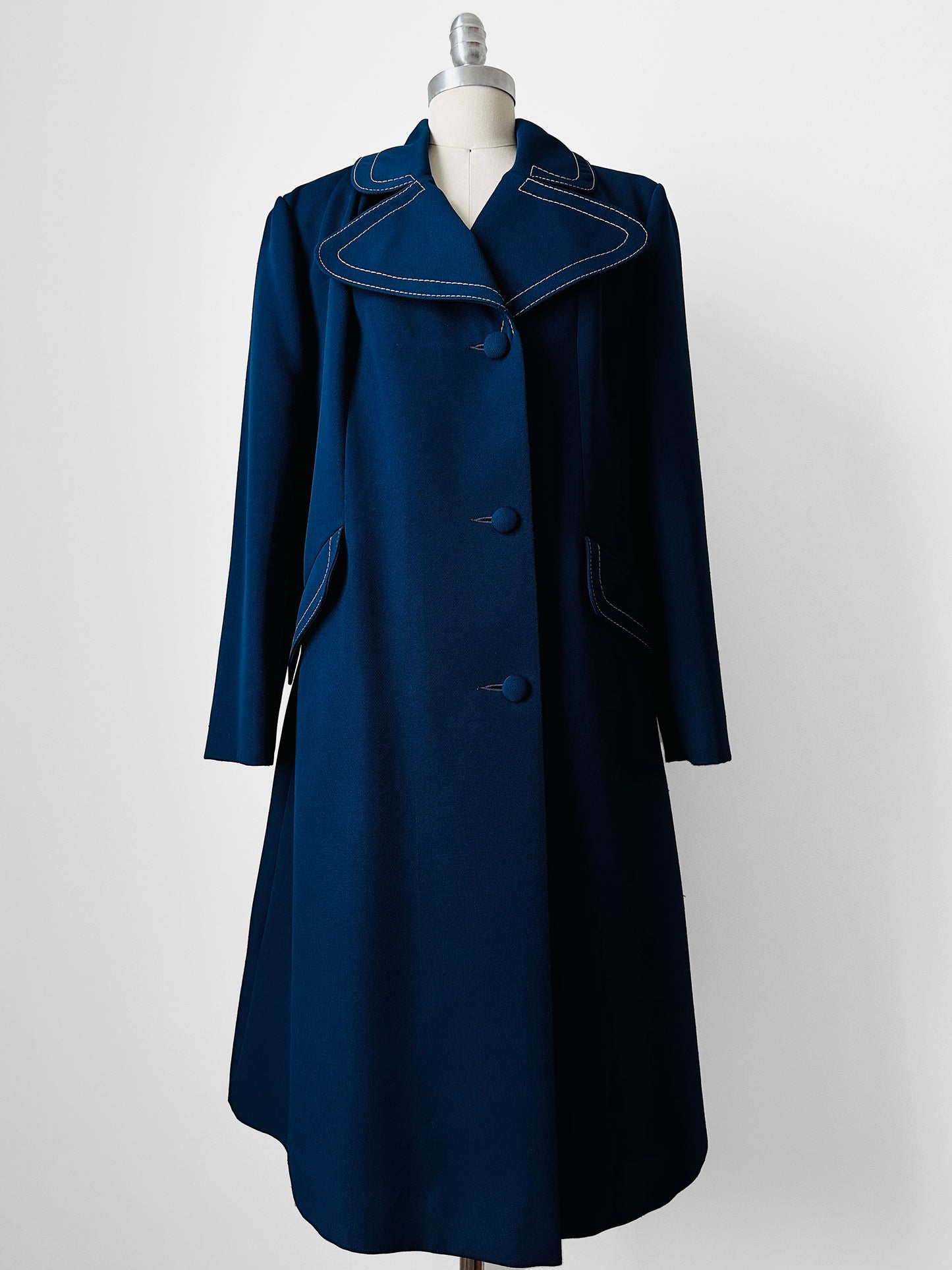 1960s - 1970s Blue Contrast Stitched Wide Lapel Midi-Length Coat