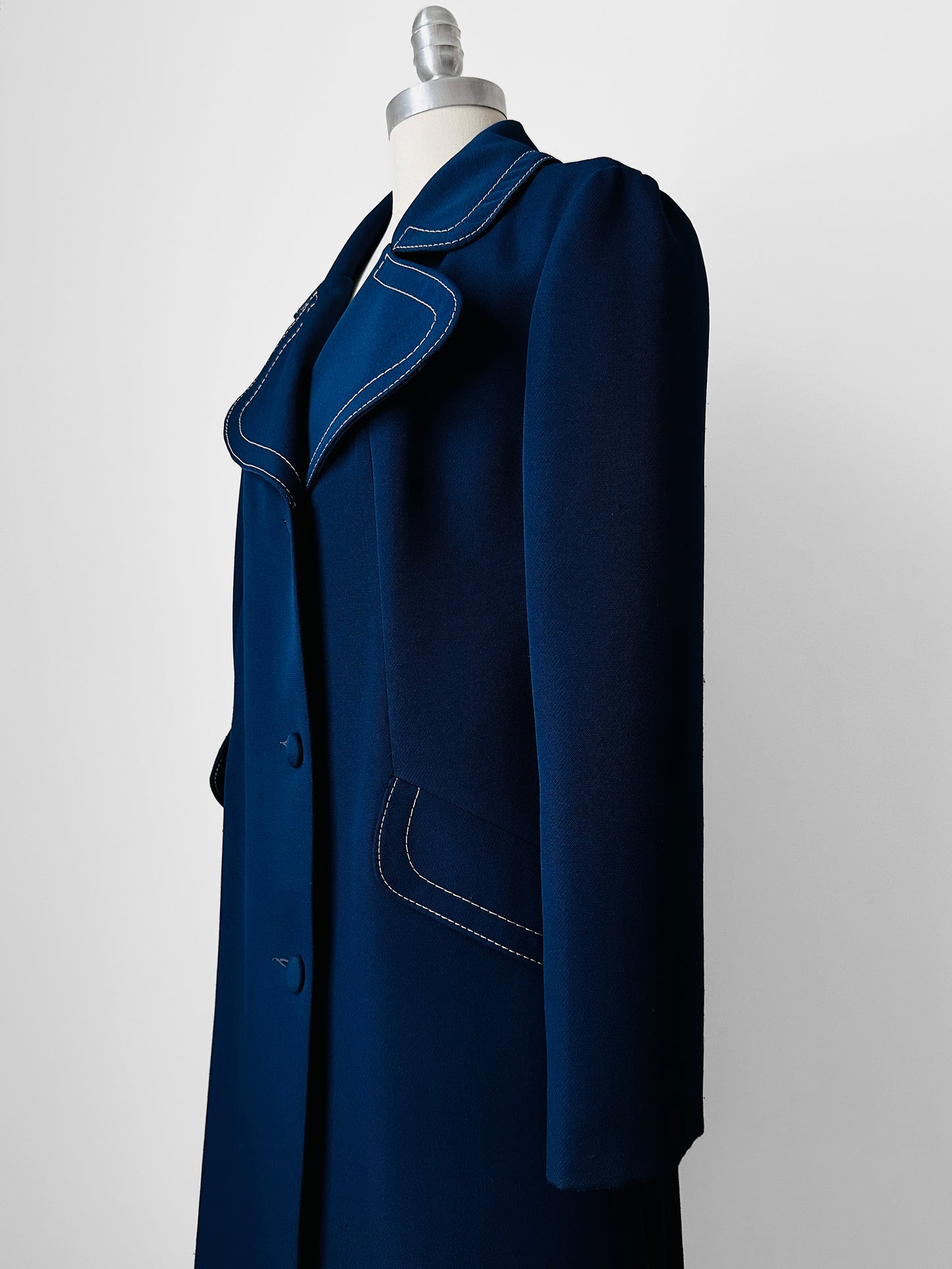 1960s - 1970s Blue Contrast Stitched Wide Lapel Midi-Length Coat