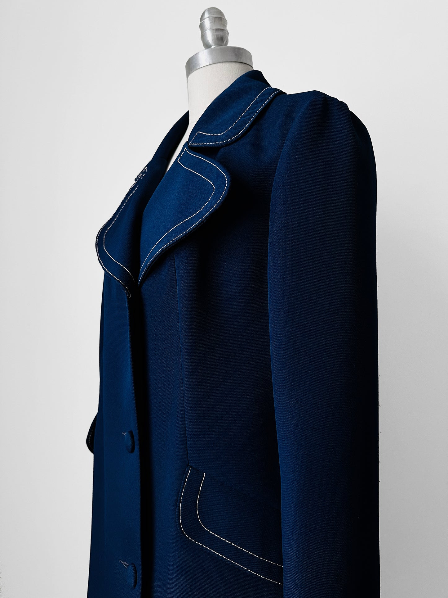 1960s - 1970s Blue Contrast Stitched Wide Lapel Midi-Length Coat