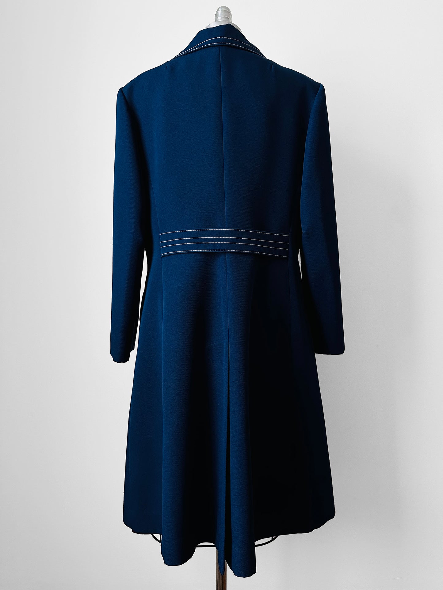 1960s - 1970s Blue Contrast Stitched Wide Lapel Midi-Length Coat