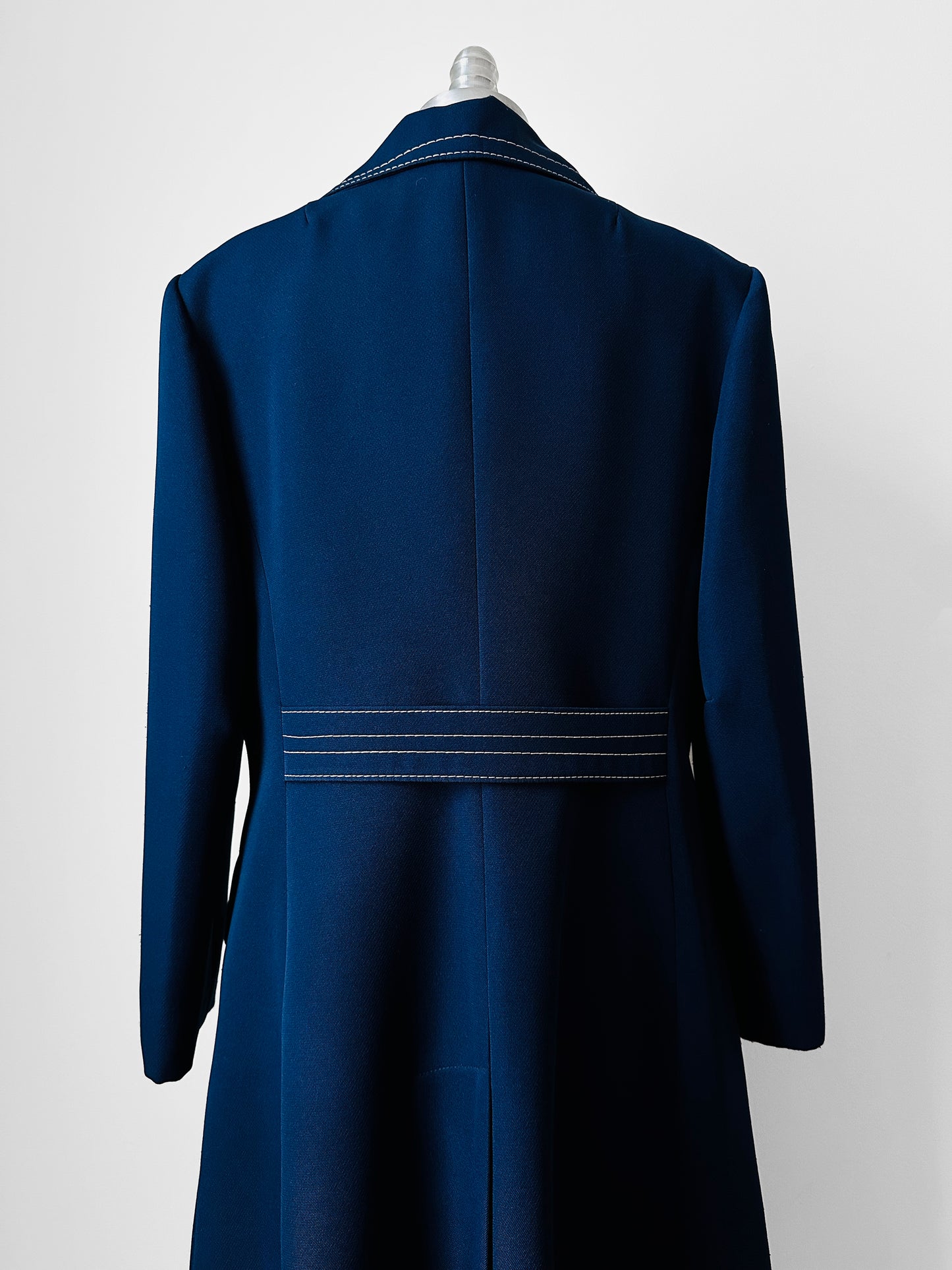 1960s - 1970s Blue Contrast Stitched Wide Lapel Midi-Length Coat