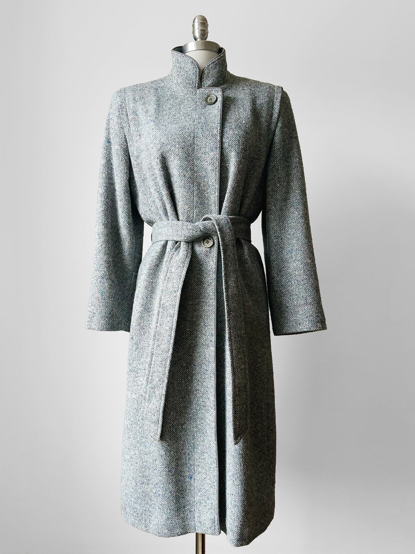 1970s - 1980s Slate Grey Mandarin Collar Wool Tweed Belted Coat - Sz. Sm