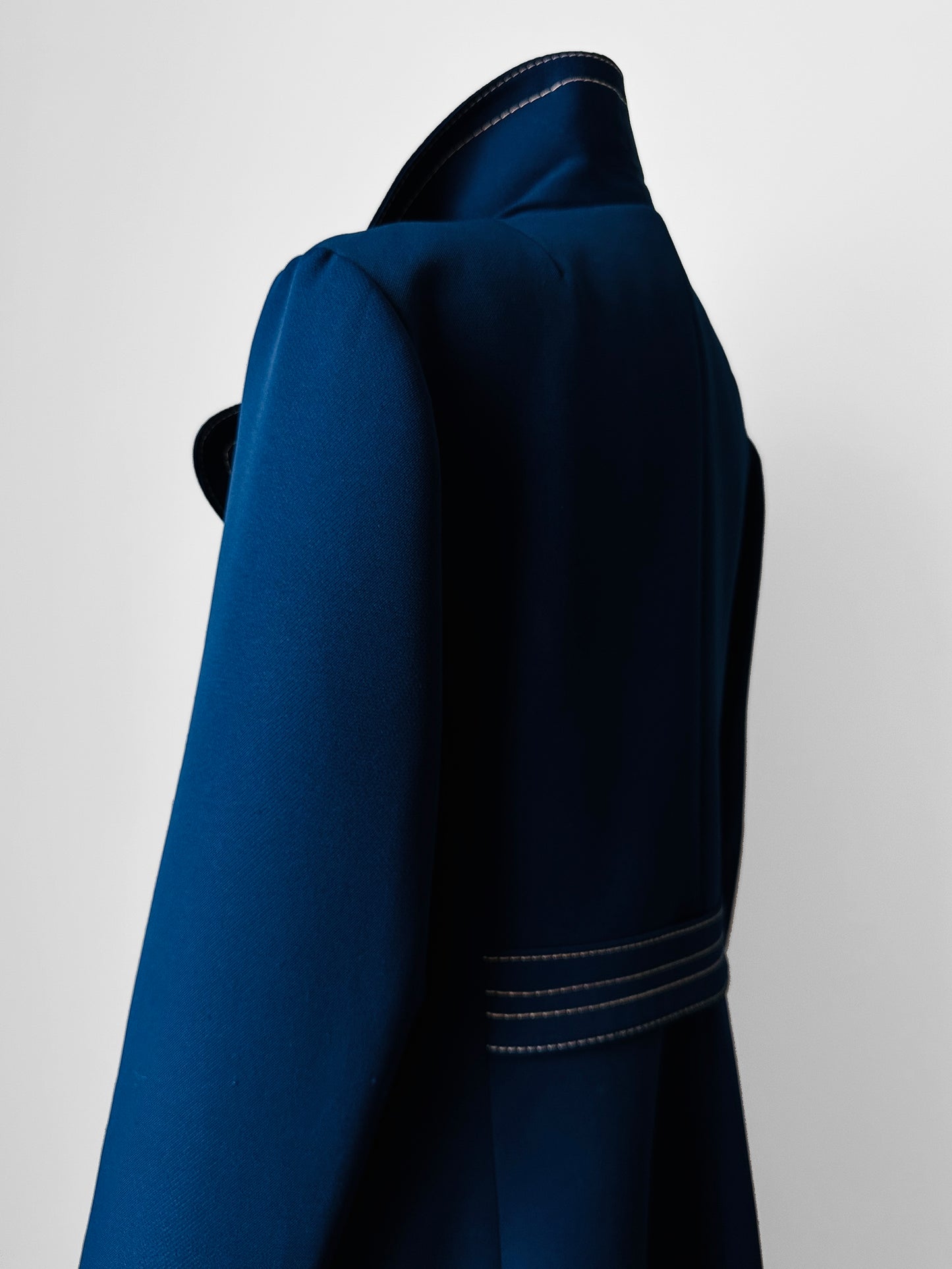 1960s - 1970s Blue Contrast Stitched Wide Lapel Midi-Length Coat